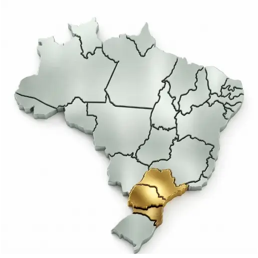 Mapa do Brasil destacando os estados do Paraná e São Paulo - área de atendimento